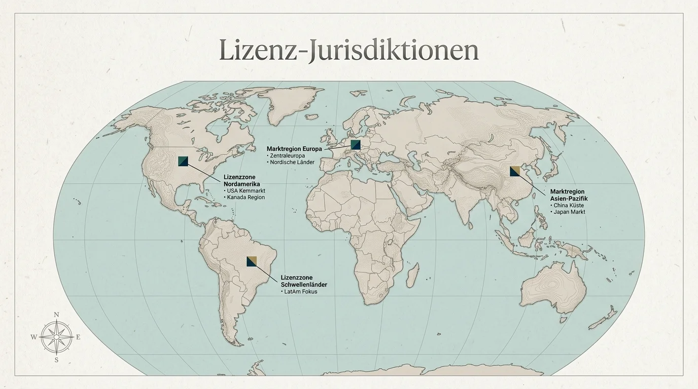 Schematische Weltkarte mit hervorgehobenen Lizenzjurisdiktionen Curacao, Malta, Anjouan und Kahnawake