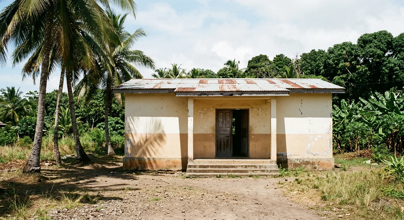 Verwaltungsgebäude einer Inselbehörde mit Palmen davor, flacher Dachkonstruktion in cremefarbenem Putz und der Andeutung tropischer Vegetation im Hintergrund