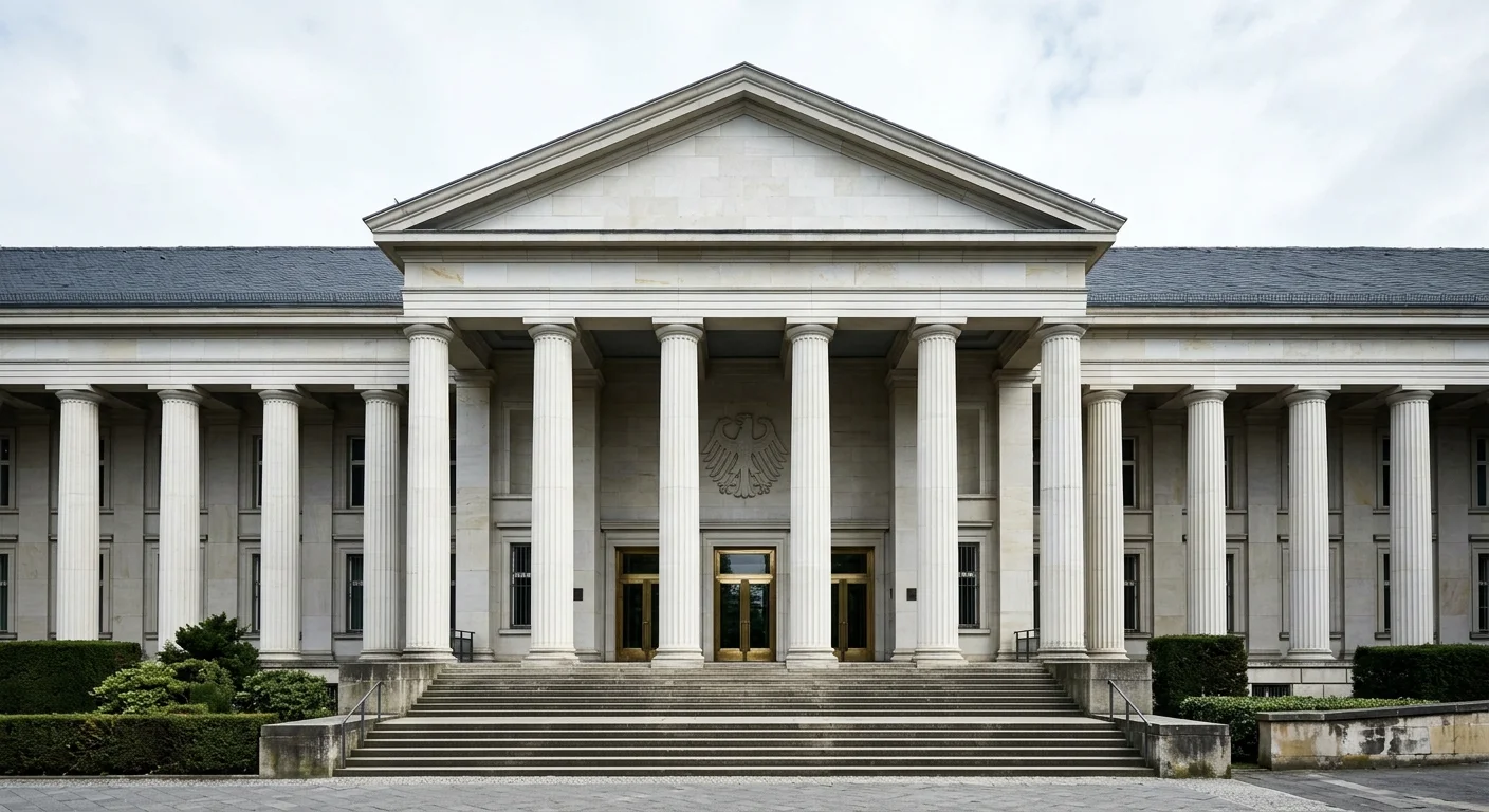 Repräsentatives Gerichtsgebäude in Karlsruhe mit klassizistischer Säulenfassade und dem Bundesadler-Wappen über dem Hauptportal