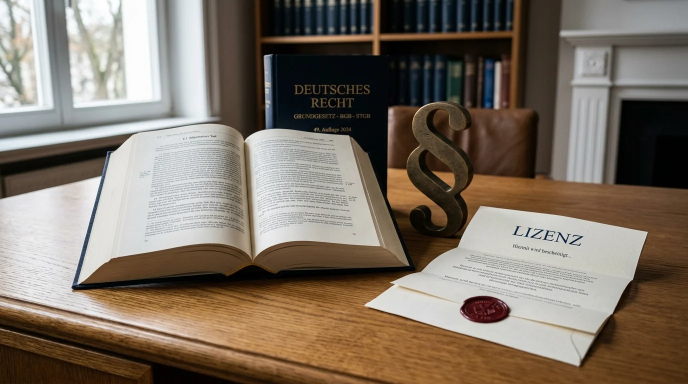 Symbolische Darstellung des deutschen Regulierungsrahmens für Online-Glücksspiel mit Paragraphenzeichen und Lizenzdokumenten