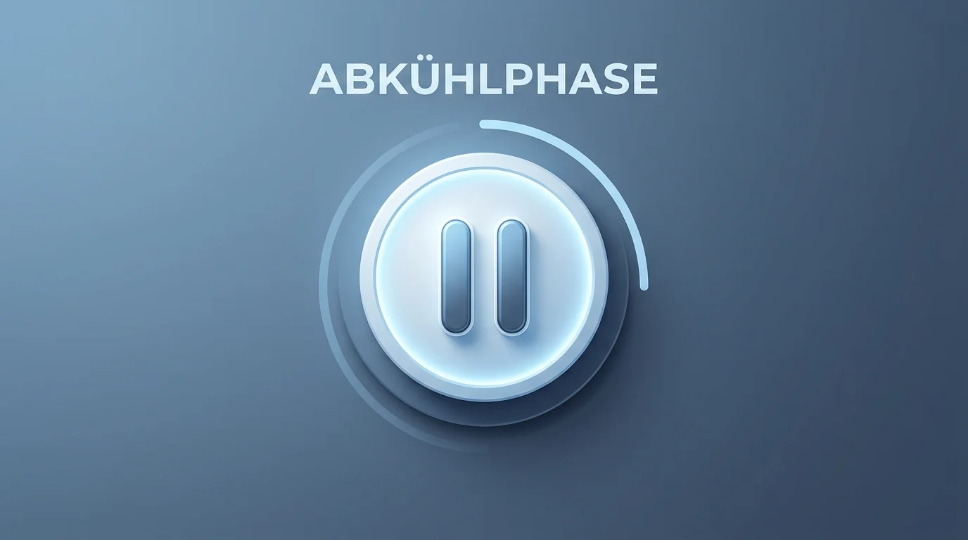 Stilisiertes Pausen-Symbol als zwei vertikale Balken in einem Kreis vor einem ruhigen blau-grauen Hintergrund mit dem Andeutungsglanz einer digitalen Anwendungsoberfläche