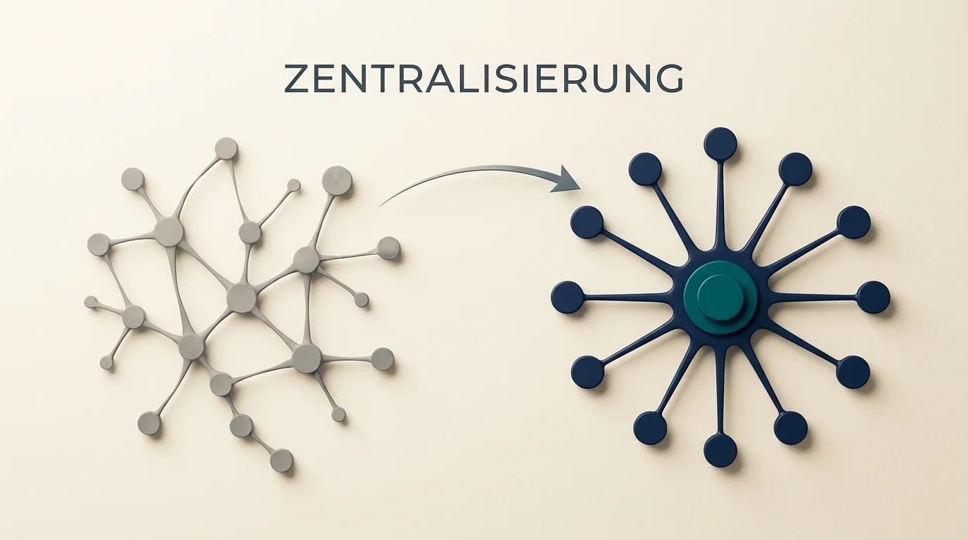 Schematische Darstellung des Wechsels vom alten dezentralen Master-Lizenz-Modell mit vier Verzweigungen zu einer zentralen Aufsichtsstruktur mit einer einzigen Behörde im Mittelpunkt