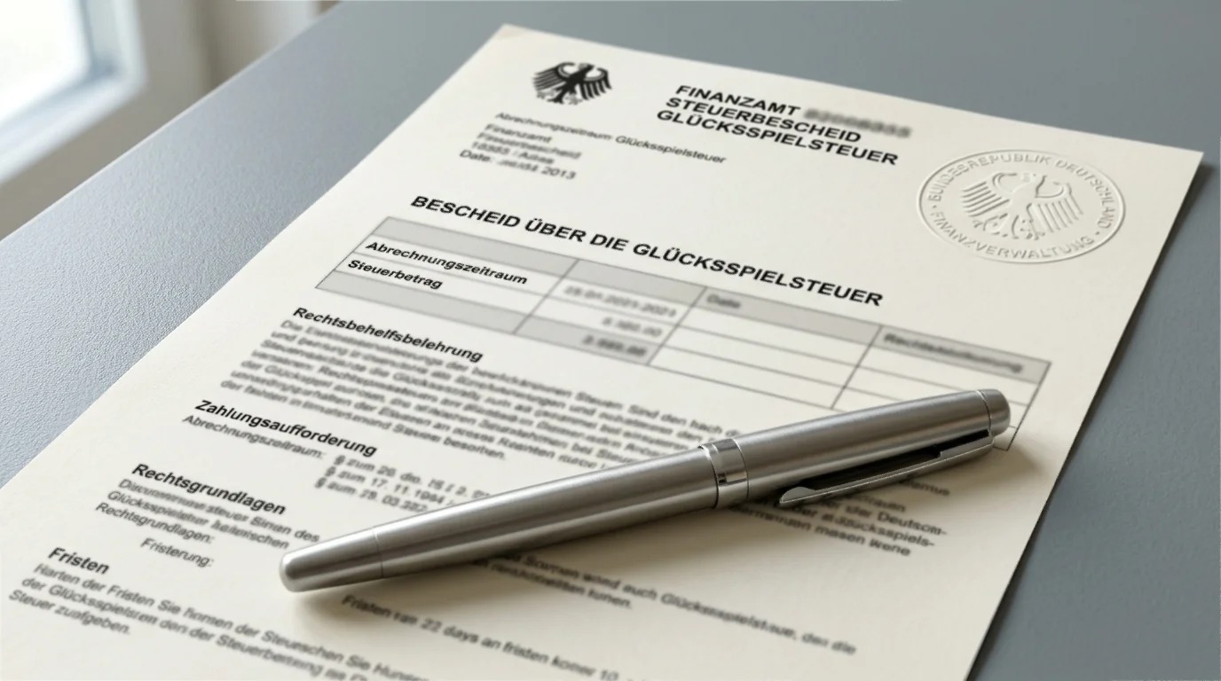 Stilisiertes Finanzamt-Dokument mit Hervorhebungen zur steuerlichen Behandlung von Glücksspielgewinnen