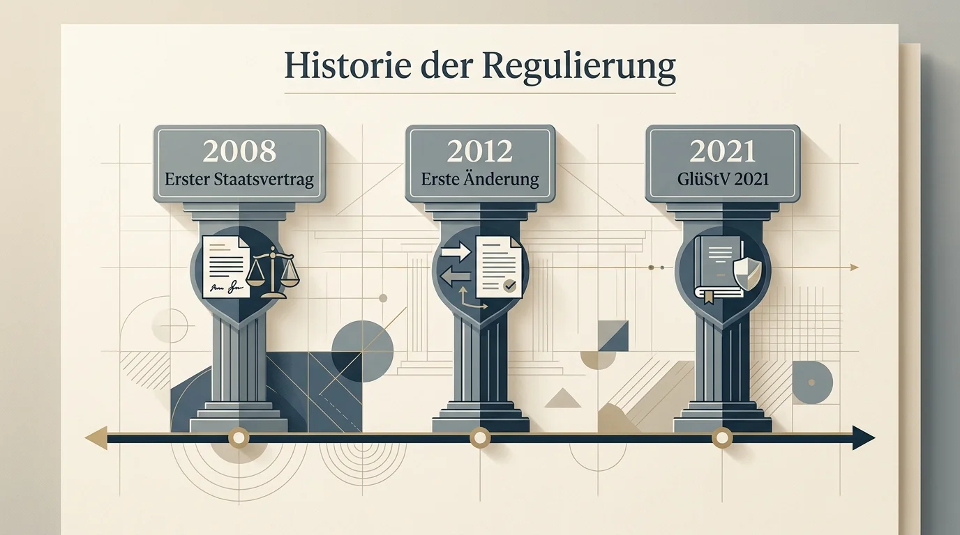 Zeitleiste der drei deutschen Glücksspielstaatsverträge 2008, 2012 und 2021 mit zentralen Eckdaten