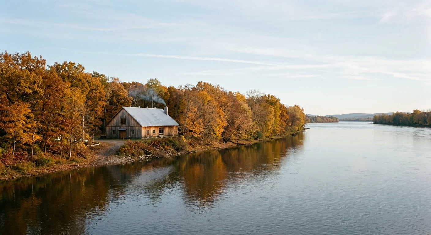 Weite kanadische Landschaft mit Flussufer, traditionellem Langhaus-ähnlichen Verwaltungsgebäude und herbstlich gefärbtem Waldrand unter klarem blauen Himmel
