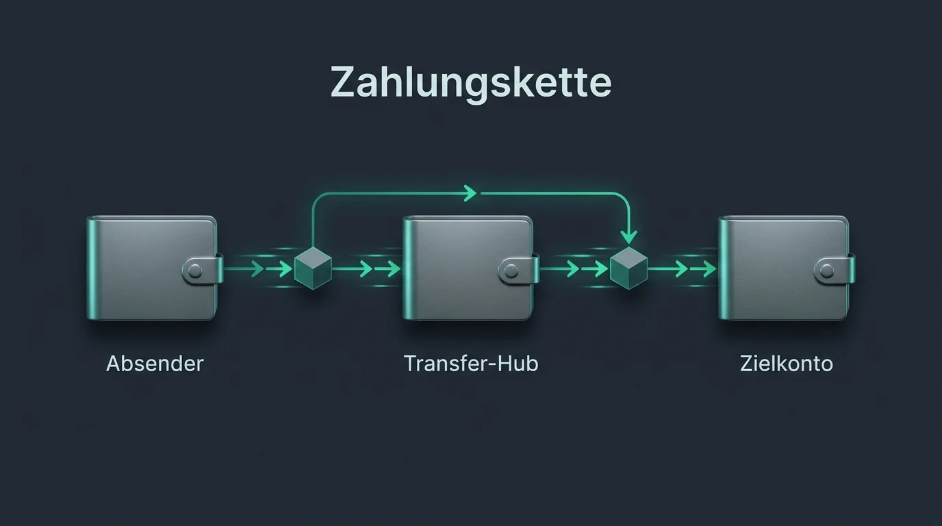 Abstrakte schematische Darstellung einer Zahlungskette mit drei stilisierten Wallet-Symbolen, verbundenen durch Pfeilflüsse über mehrere Knotenpunkte hinweg, in einem kühlen Blau-Grau-Schema