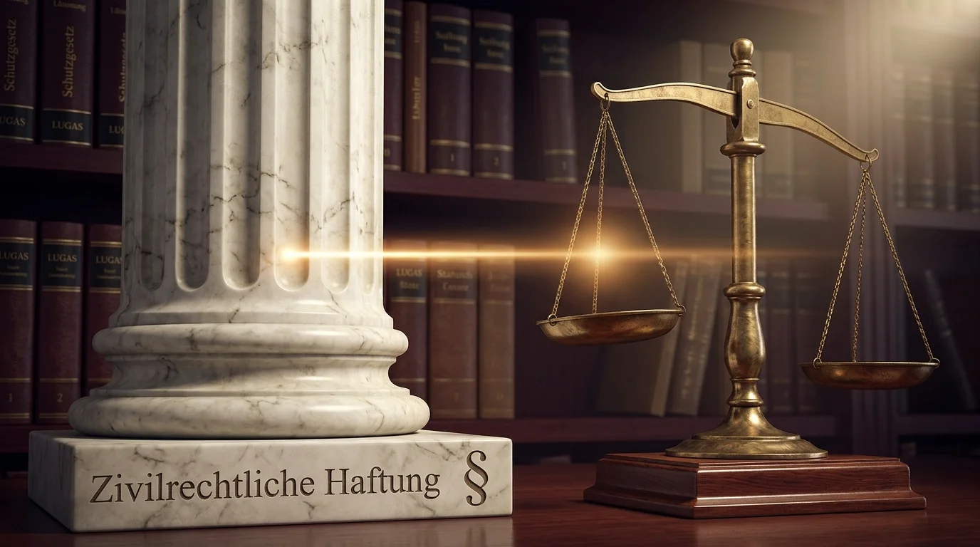 Visualisierung der zivilrechtlichen Schutzgesetzwirkung von § 6c GlüStV 2021 in Verbindung mit § 823 Absatz 2 BGB mit Symbolen für Urteil, Paragraph und Schadensersatzanspruch