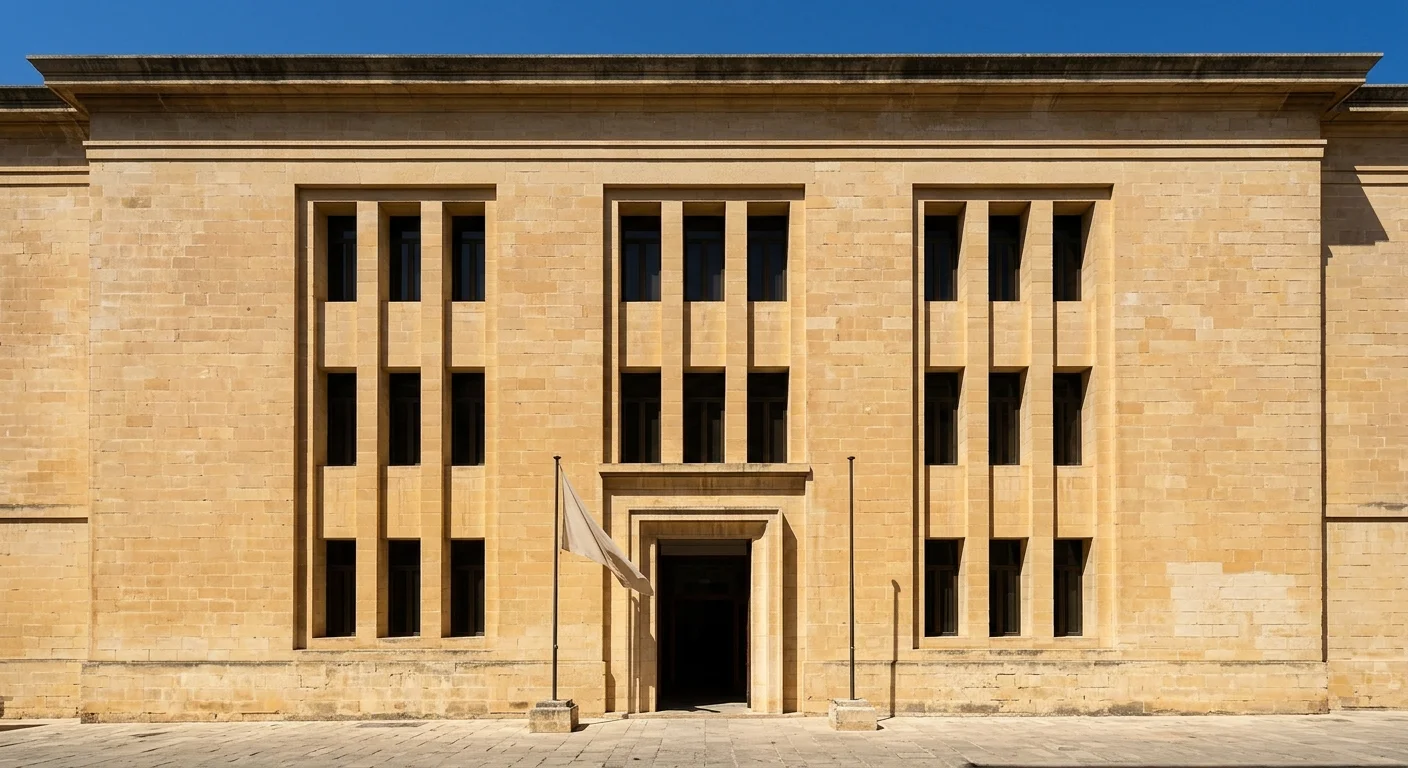 Architektonisches Detail eines mediterranen Verwaltungsgebäudes aus Kalkstein mit hohen schmalen Fenstern, beleuchtet von warmer Mittagssonne