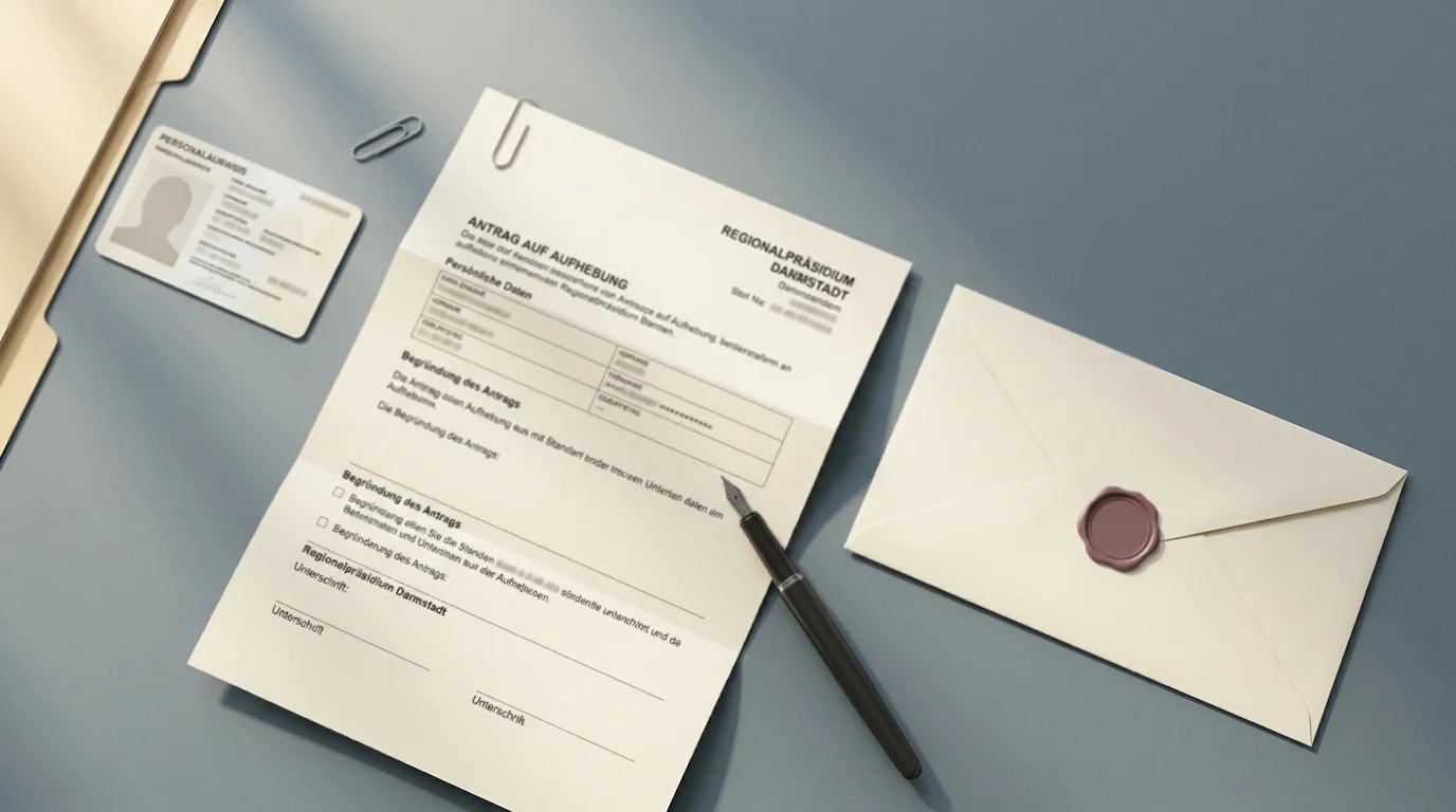 Schreibtisch mit einem ausgefüllten Antragsformular, einem Personalausweis und einer ordentlich gefalteten amtlichen Briefumschlaglage in gedämpftem Tageslicht