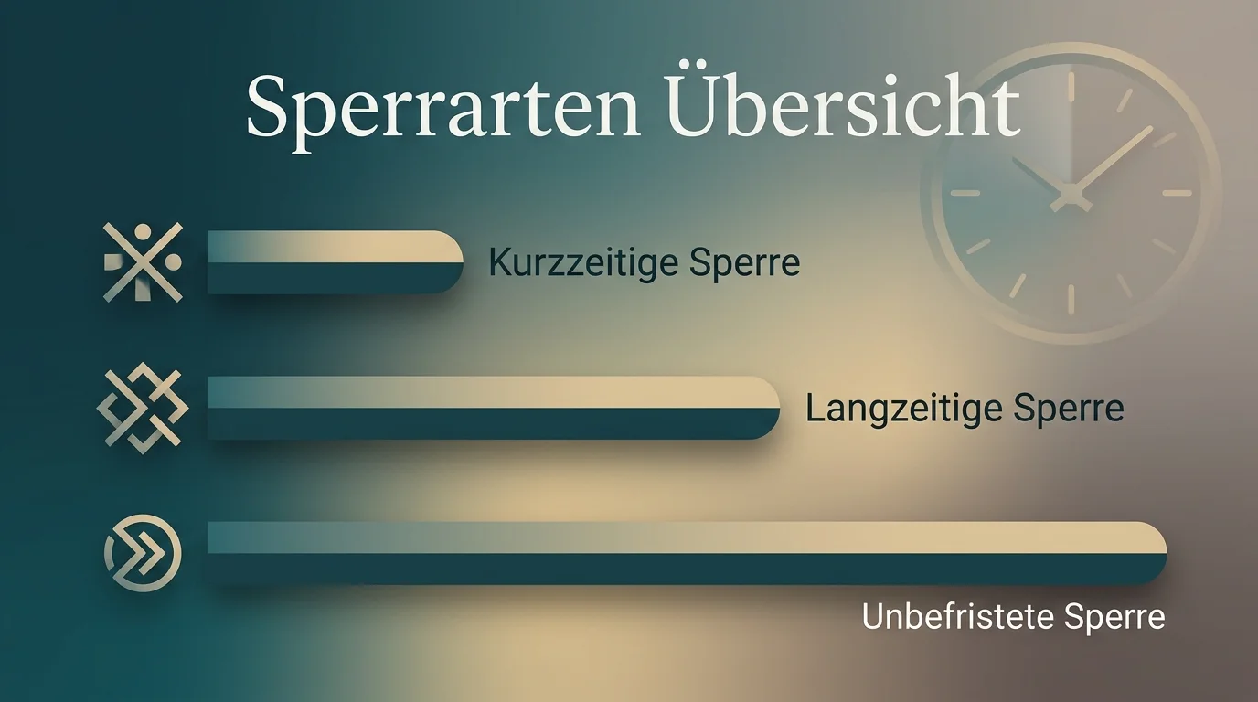 Übersichtliche Darstellung der drei OASIS-Sperrarten mit symbolischen Zeitleisten für 24-Stunden-Sperre, Selbstsperre und Fremdsperre