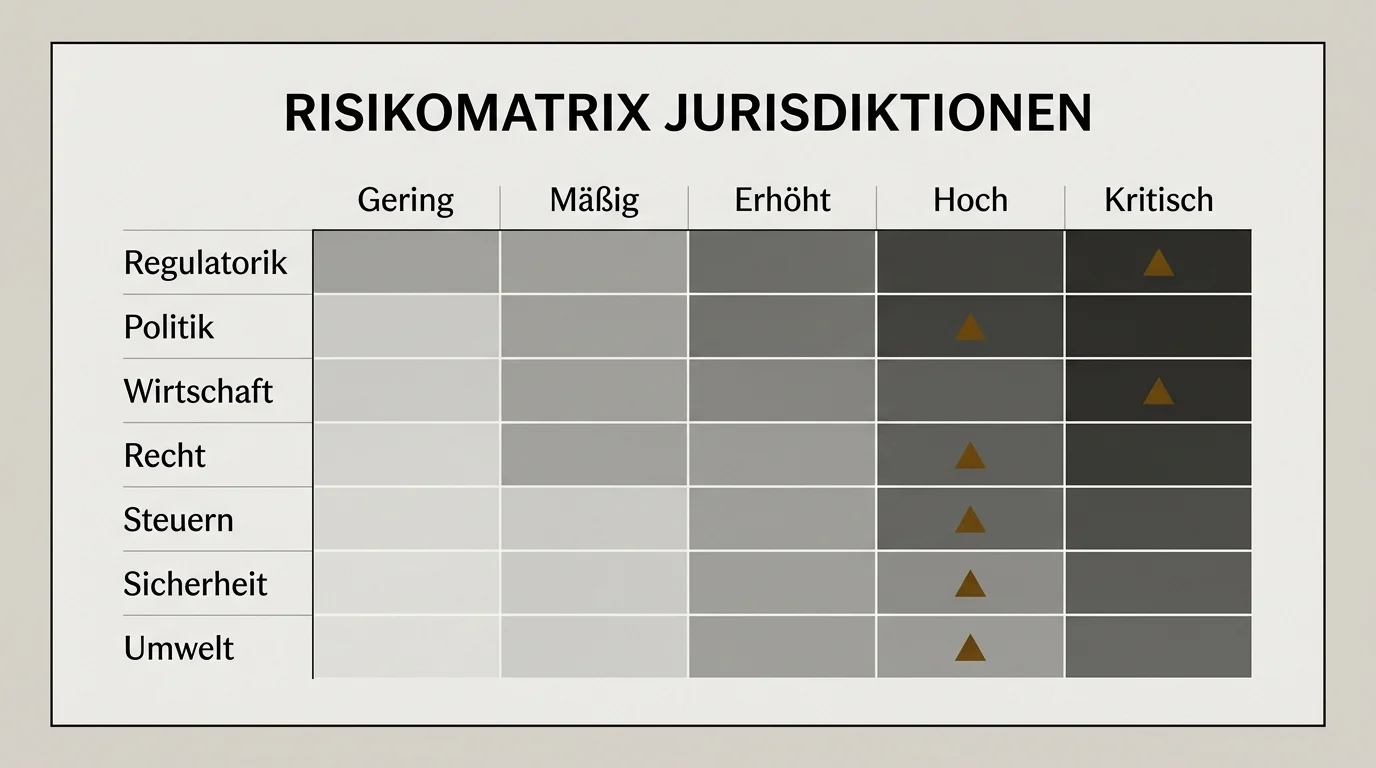 Strukturierte Vergleichsmatrix mit fünf Spalten für Lizenzjurisdiktionen und farblich differenzierten Risikomarkern in verschiedenen Graustufen
