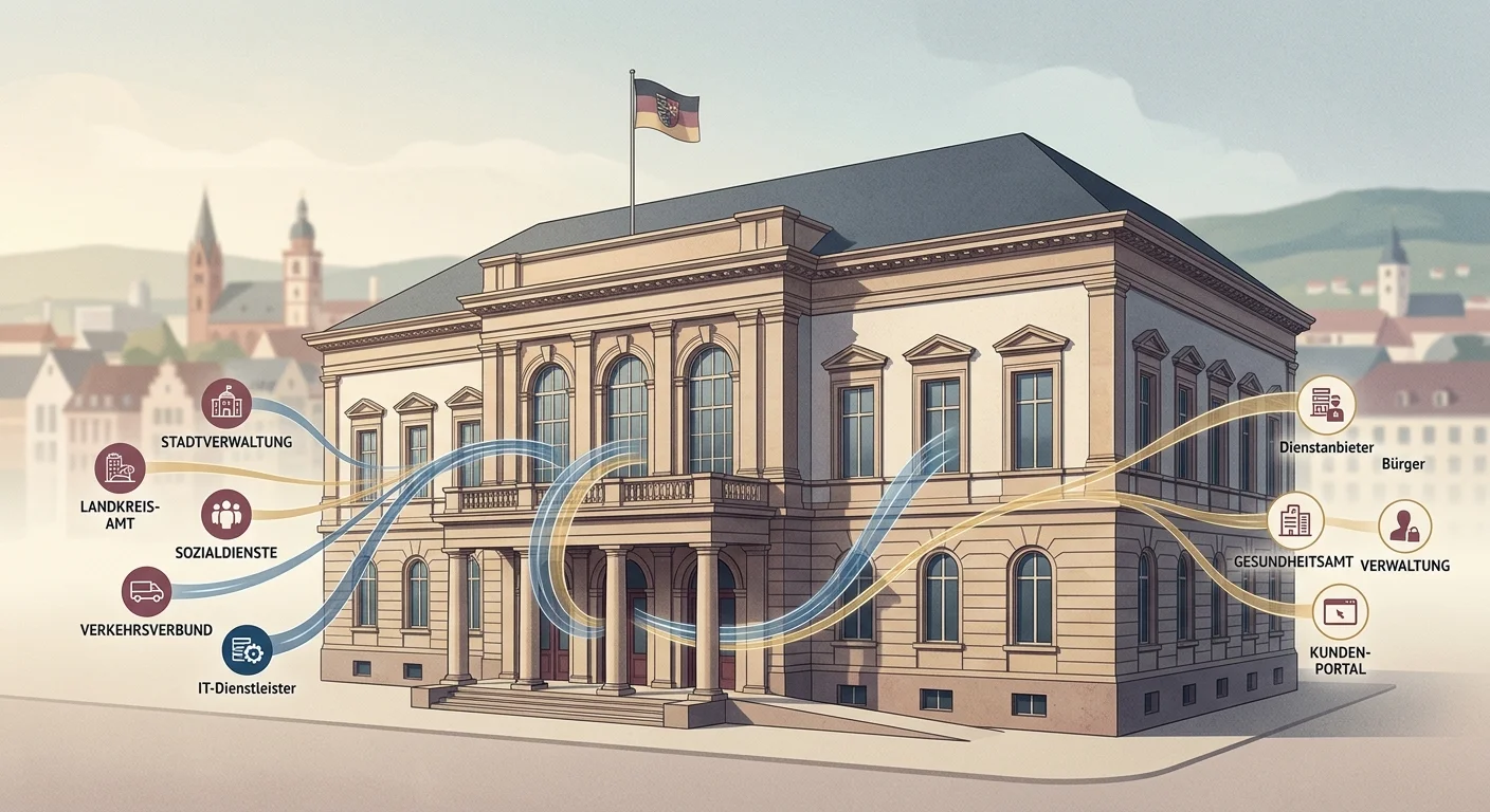 Stilistische Darstellung des Regierungspräsidiums Darmstadt als Betreiber der OASIS-Sperrdatei mit Datenfluss-Symbolen zwischen Behörde und Anbietern