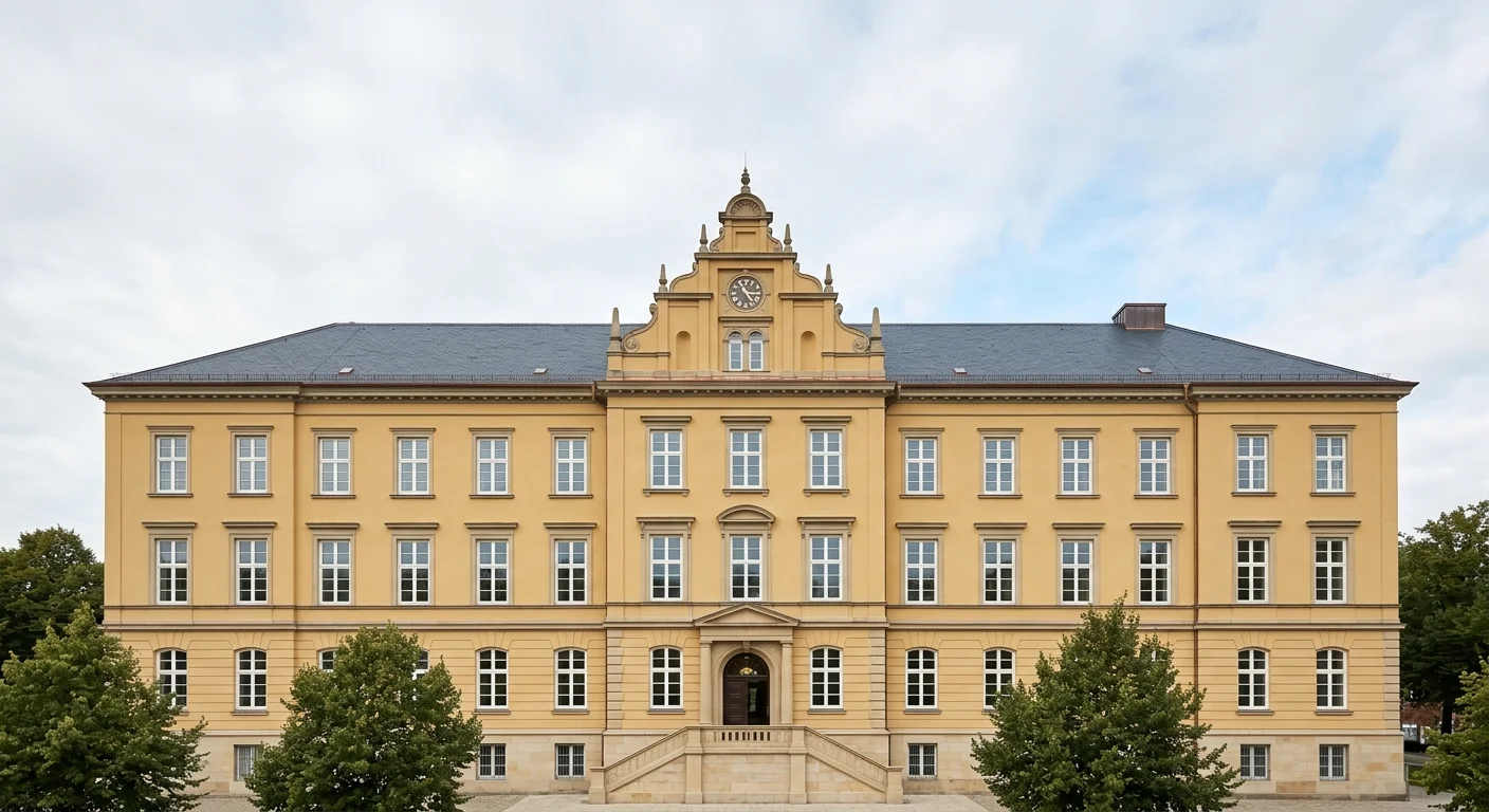 Klassizistisches Verwaltungsgebäude in Kiel mit gelblich verputzter Fassade, Sprossenfenstern und einem flachen Treppenaufgang, fotografiert am späten Vormittag bei klarem Wetter