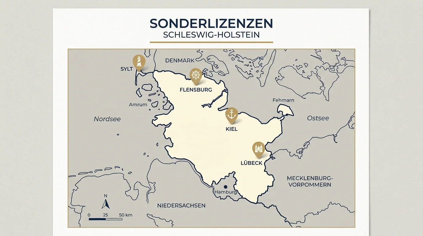 Stilisierte Landkarte Deutschlands mit hervorgehobenem Schleswig-Holstein und Symbol für Sonderlizenzen