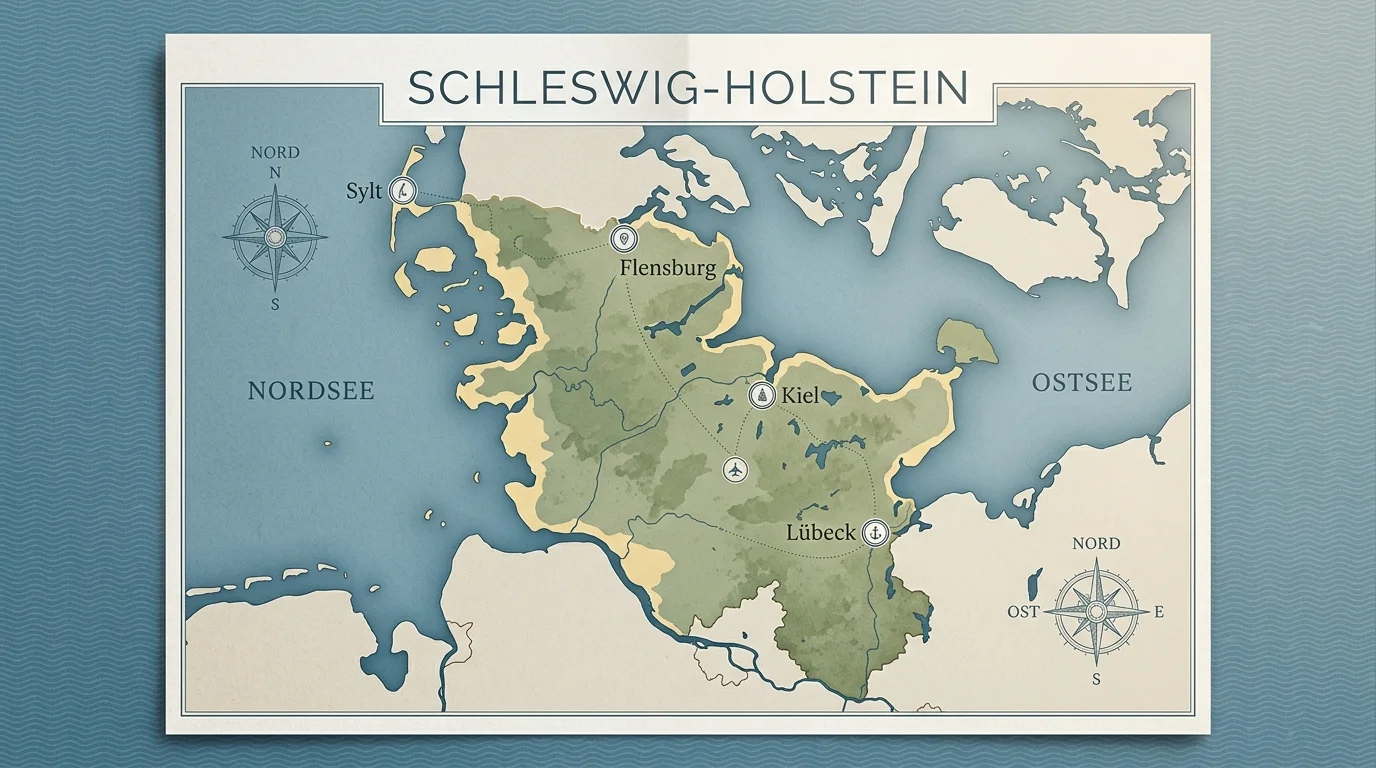 Karte des Bundeslandes Schleswig-Holstein mit symbolischer Markierung der vier neu lizenzierten Online-Casinospiel-Anbieter ab September 2024