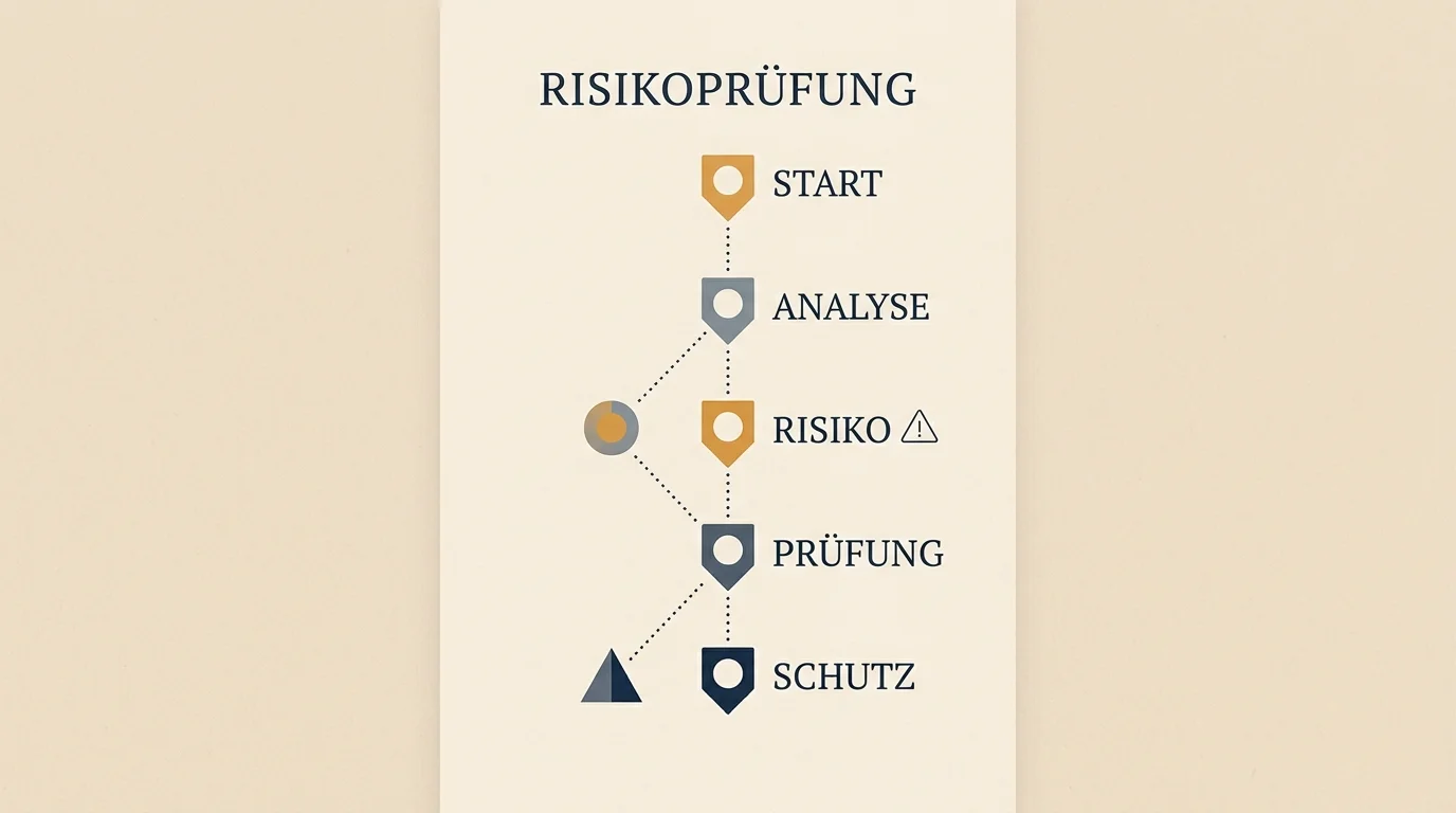 Symbolische Darstellung einer Risiko-Checkliste mit den zentralen Punkten Spielerschutz, Datenschutz und Auszahlung